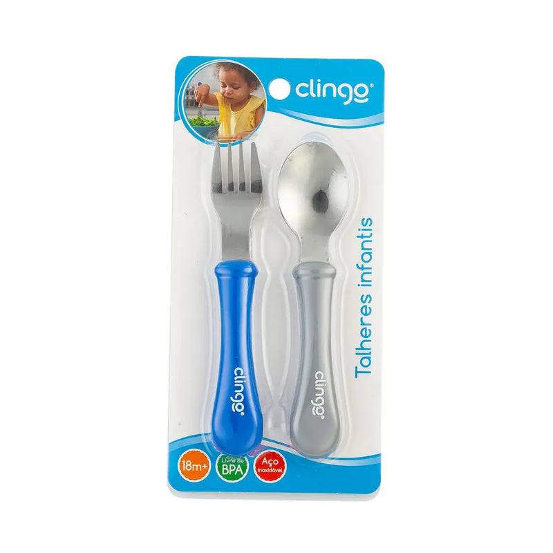 Colher e Garfo de Metal para Bebês - Azul/Cinza - Clingo