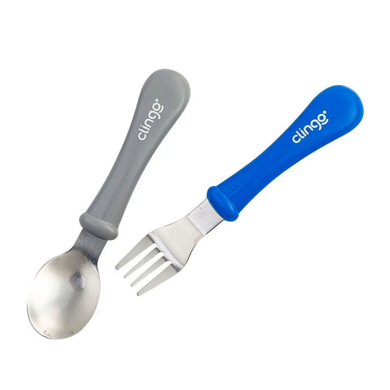 Colher e Garfo de Metal para Bebês - Azul/Cinza - Clingo