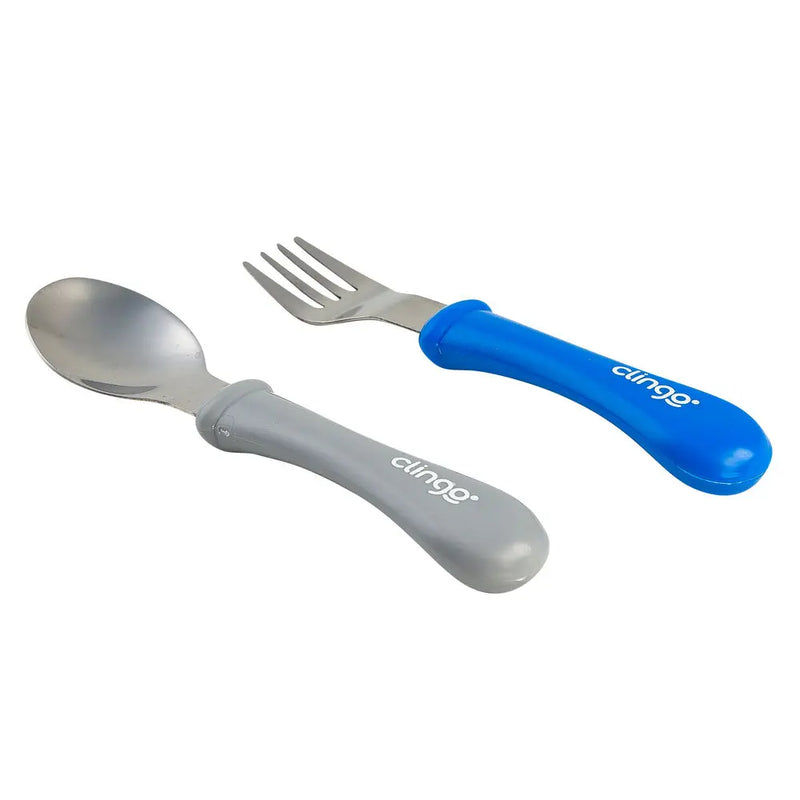 Colher e Garfo de Metal para Bebês - Azul/Cinza - Clingo