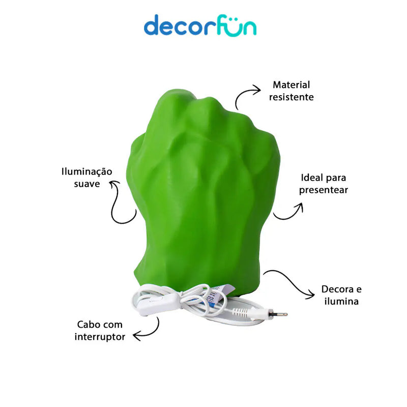Luminária LED Mão Incrível Hulk Marvel Decoração Geek Temática