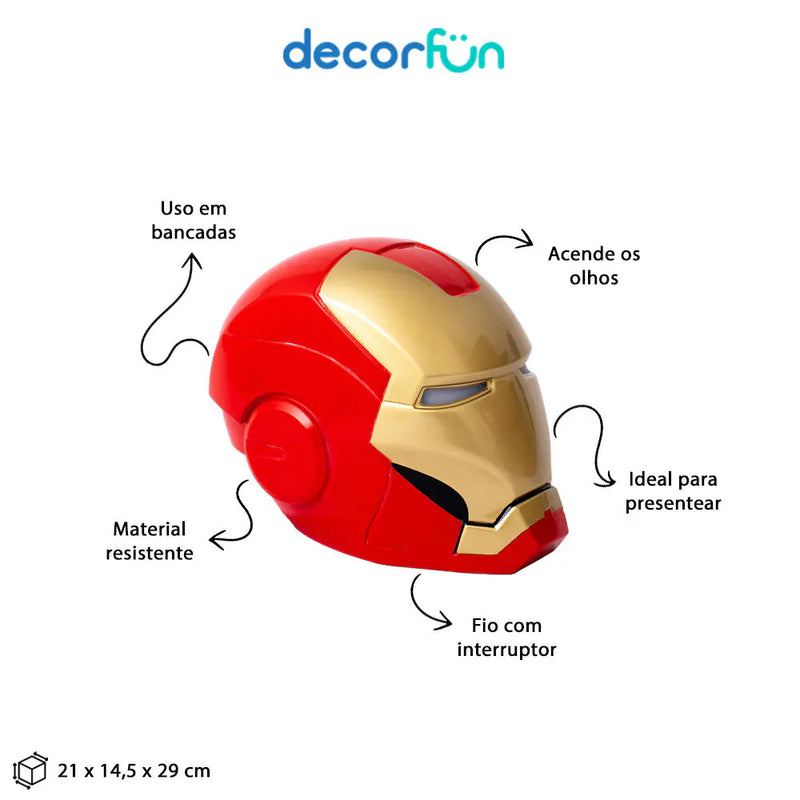 Luminária de Mesa Capacete Homem de Ferro Colorida Marvel Iron Man