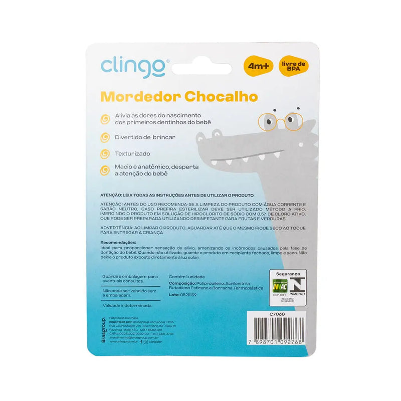 Mordedor Chocalho Clingo Azul - Silicone, Livre de BPA, Texturizado